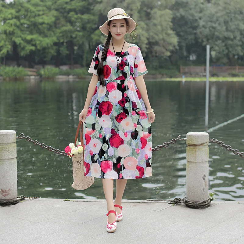 

Photo Shoot Summer Wear New Style Literature And Art Cotton Linen Printed Crew Neck Short-sleeve Dress High-waisted Loose-Fit Sl