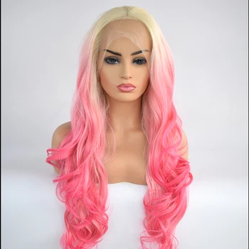 

Blonde to Pink Ombre Wig Long Wavy Synthetic Lace Front Wigs for Women Heat Friendly Fiber Hair Half Hand Tied Daily Wear Makeup