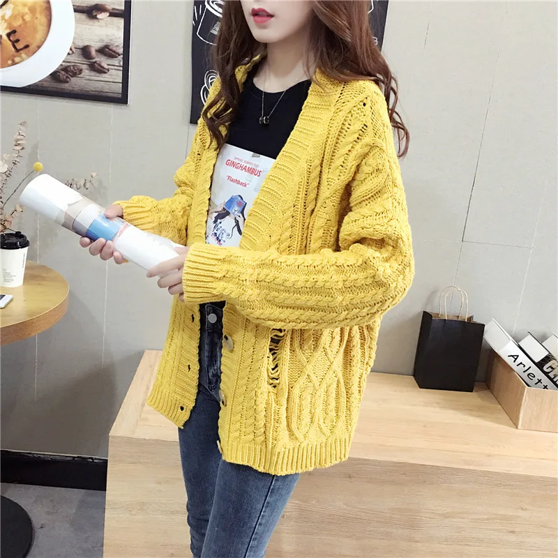 New Korean version loose fit button cardigan long sleeve hole sweater coat knitwear women cardigan New Korean version loose fit button cardigan long sleeve hole sweater coat knitwear women cardigan