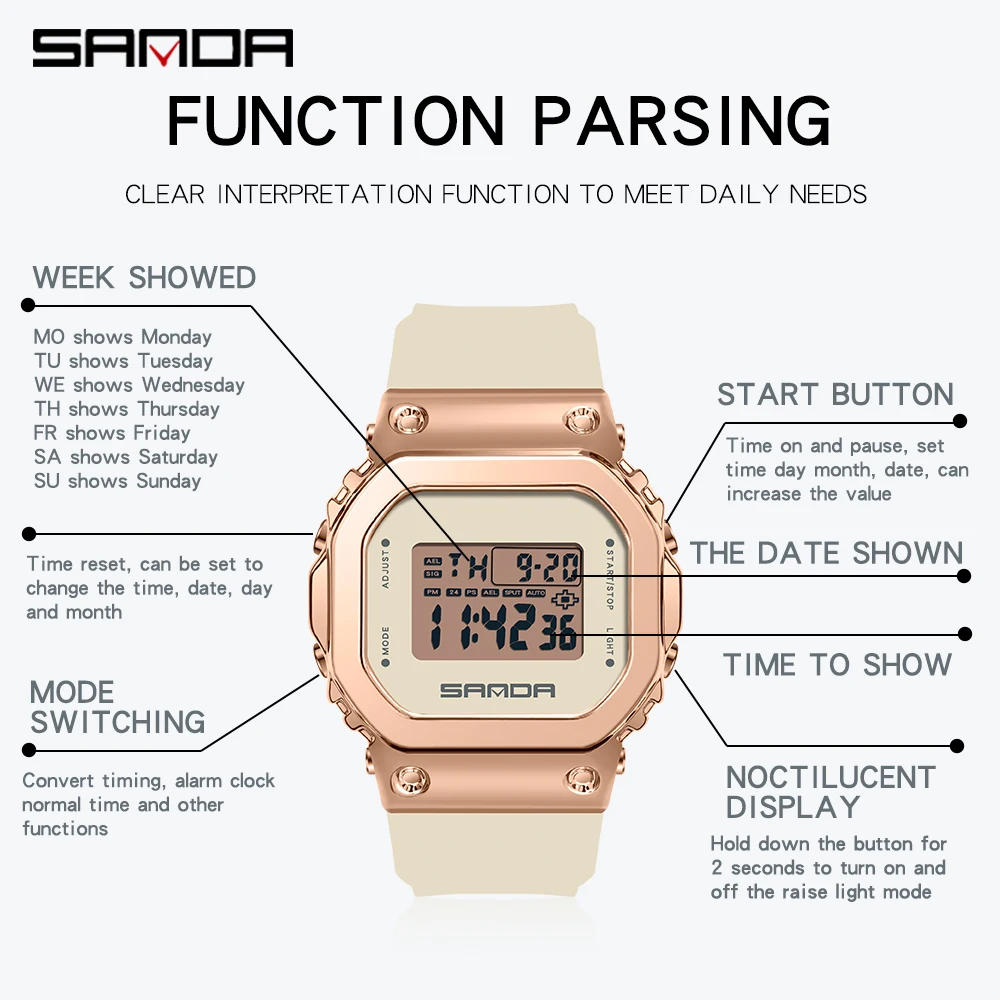 Sanda Women Electronic Digital Sports Wristwatch Fashion New Woman Stopwatch Waterproof Shock Watches Girl Rose Gold Gift Clock