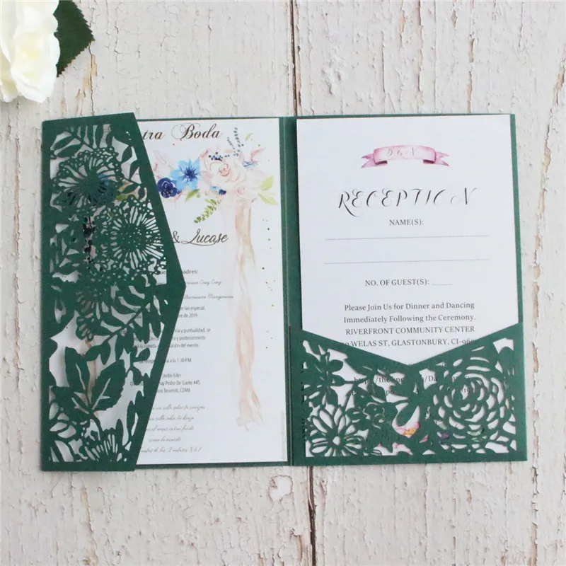 Деревенские свадебные приглашения свадьба кинцеанера темно-зеленый лист цветок лазерной резки пользовательской печати много цветов прополка поставка
