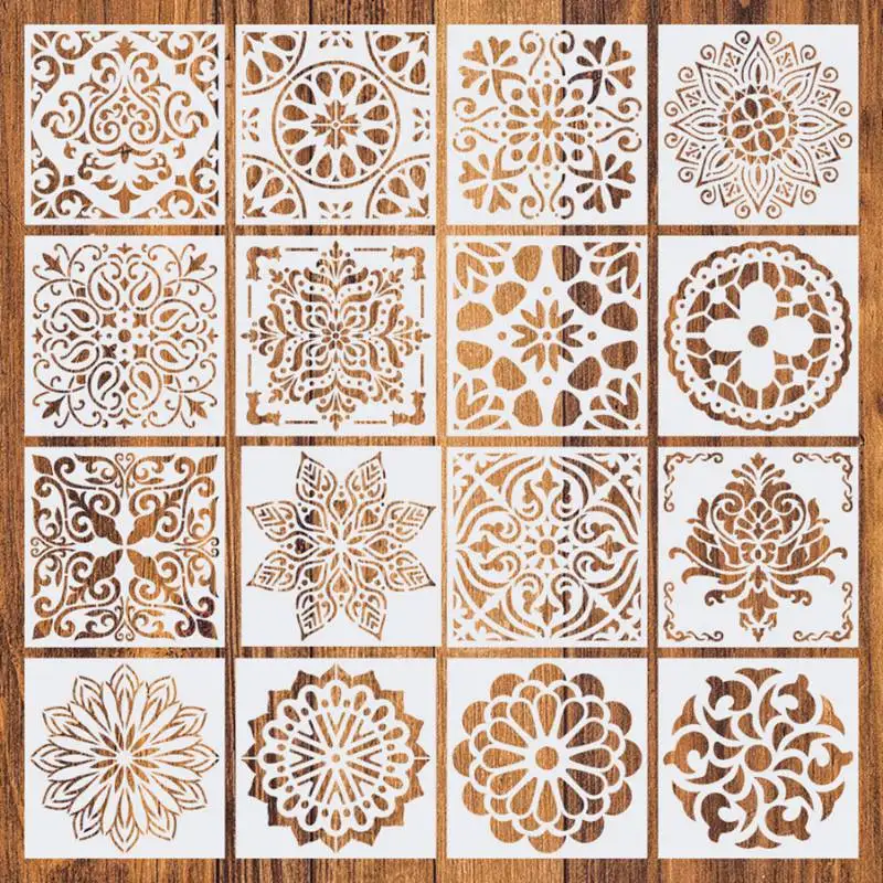 16 Pz/Set Riutilizzabile Stencil Cut Painting Template Pavimento Piastrelle Tessuto Mobili Stencil Mandala Pittura Stencil 15*15Cm
