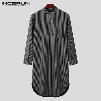 

Men Striped Robes Homewear Cotton Long Sleeve Stand Collar Dressing Gown Pockets Leisure Vintage Men Sleepwear Nightgown INCERUN