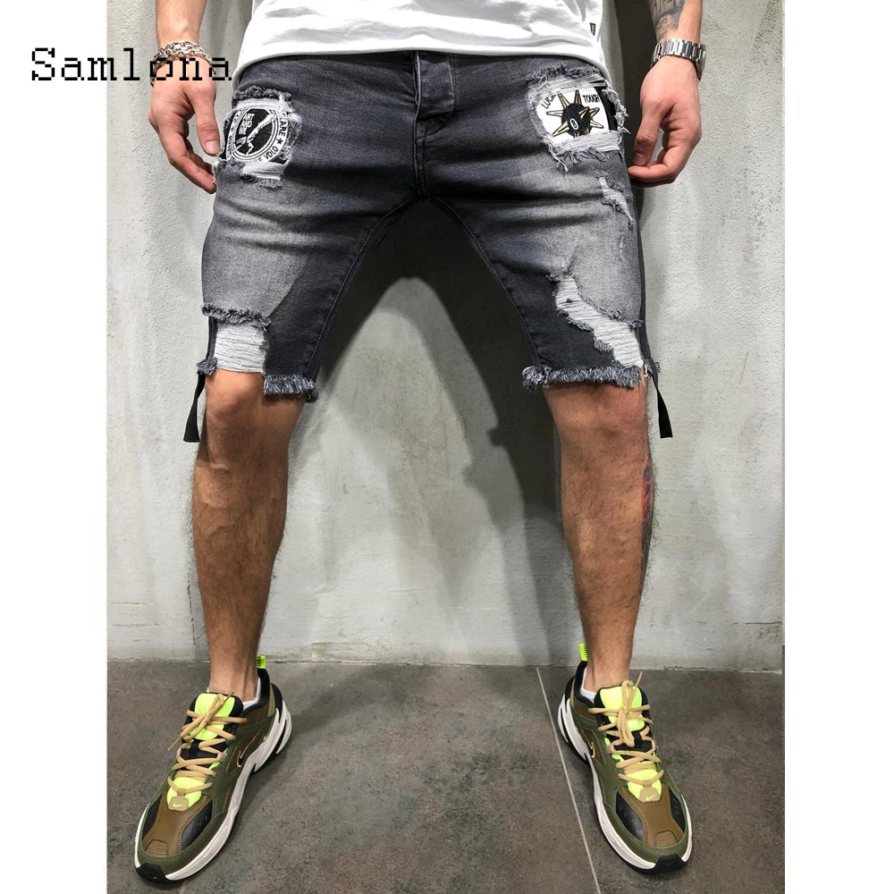 Samlona Men's Denim Shorts Sexy Leisure Jeans Pacthwork Hole Ripped Buttom 2024 Summer New Casual Demin Short Pants Male Clothes