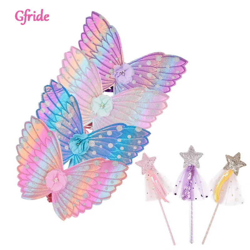 

Children Unicorn Rainbow Wings Wands Kids Butterfly Wings For Girls Princess Fairy Wings Halloween Cosplay Costume Accessories