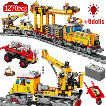 

City track Electric engineering Train Power-Driven light sound Building Block Technic car DIY Bricks education Toy For Children