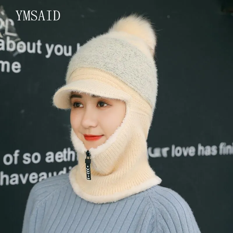Hot Sale Female Winter Knitted Hats Scarf Set Rabbit Hair Blend Warm For Women Zipper Thick Balaclava Pompoms Cap | Аксессуары для