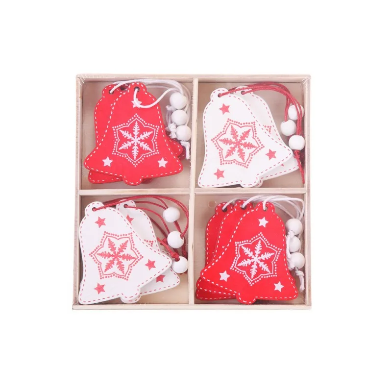 12pcs Christmas Wooden Hanging Decor Christmas Tree Bell Five-pointed Stars Deer Shape Ornament Party Home Xmas Pendant Decor