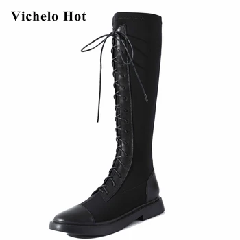 

Vichelo Hot motorcycle boots natural leather high quality round toe thick med heel lace up soft young girls knee-high boots L09