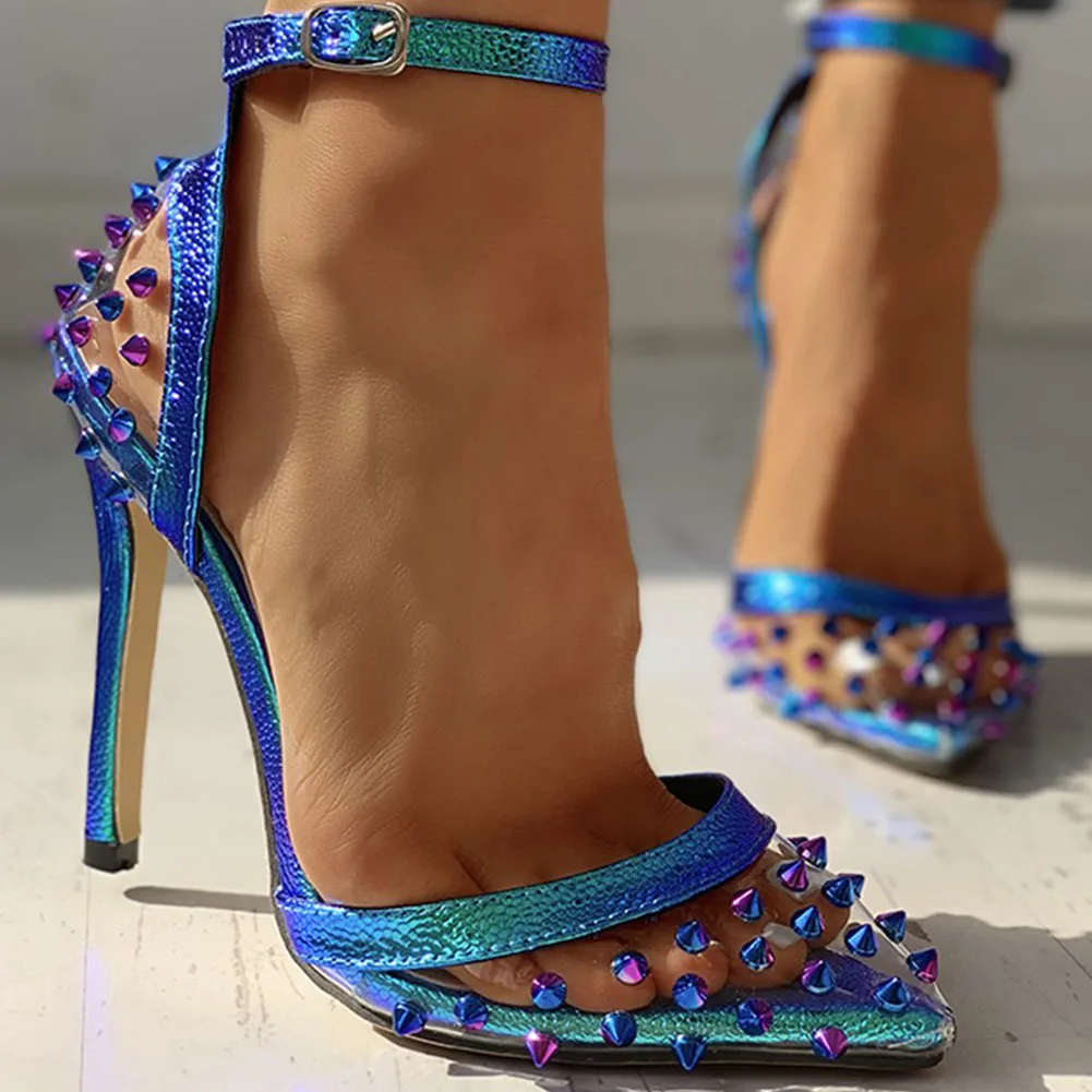 

Doratasia 2020 Sexy Thin High Heels Party Summer Sandals Shoes Woman Pointed Toe Rivets PVC ankle-strap Lady Shoes Women