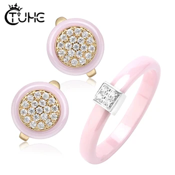 

Elegant Style 3mm Width Ceramic Rings Earrings Sets Lovely Pink Jewlery Sets for Women Wedding Birthday Party Gift