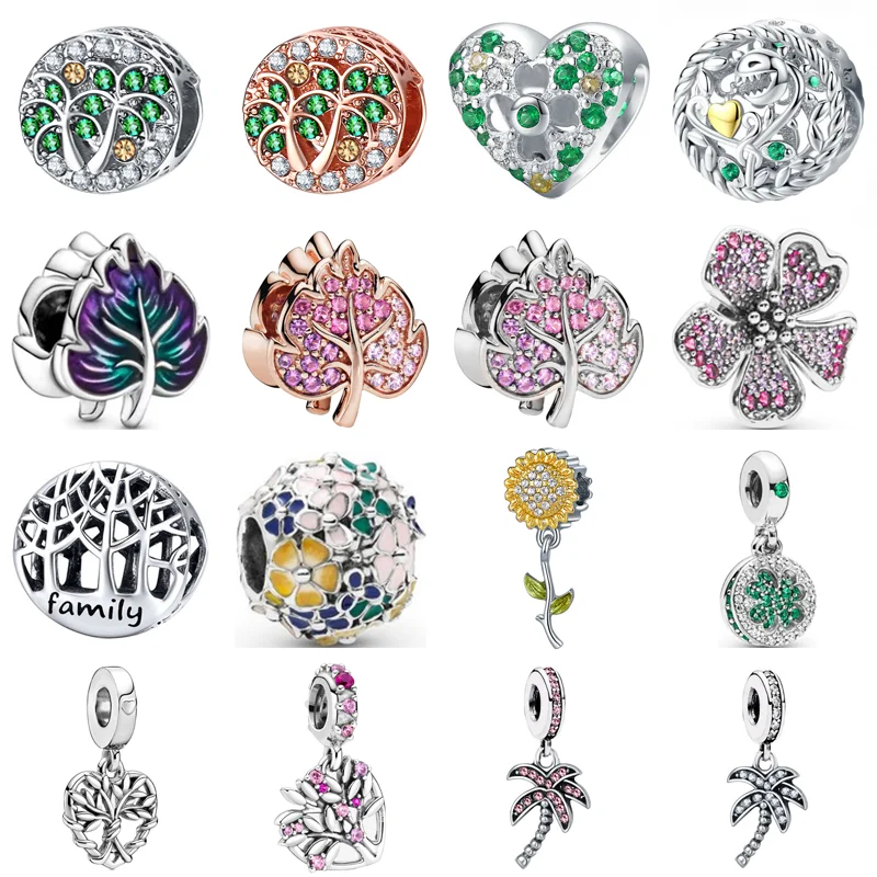 New Silver Color Hollow Family Tree Leaves Flowers Pavé Zircon Pendants Beads Fit Original Pandora Bracelet Women Charms Jewelry |