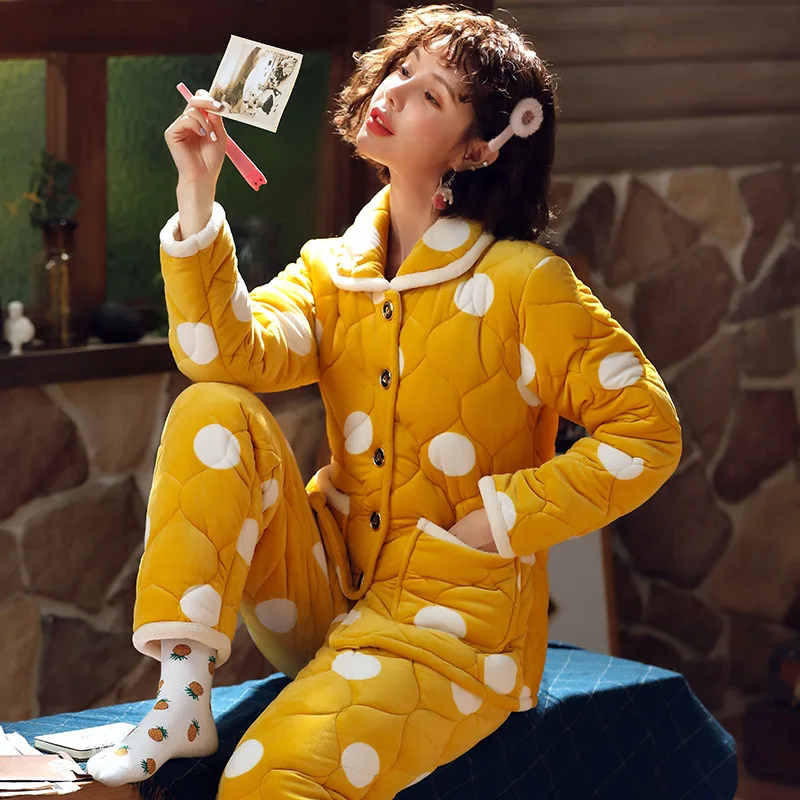 

8883 # Pajamas Women's Winter Three Layer Thick Quilted Coral Velvet Flannel Warm Homewear Set M -Xxl