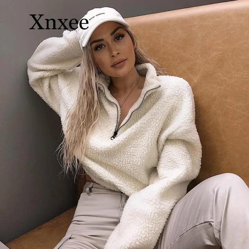 

White Loose Lamb Wool Woman Coats Fall Winter Zipper Long Sleeve Fuzzy Female Coat Pullover Streetwear zipper sport short coats