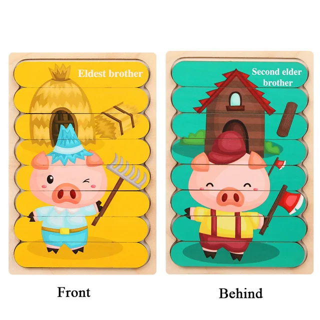 Kid Brain Wooden Toy Double-sided 3D Strip Animal Puzzle Telling Stories Stacking Jigsaw Montessori Educational Toy for Children 19