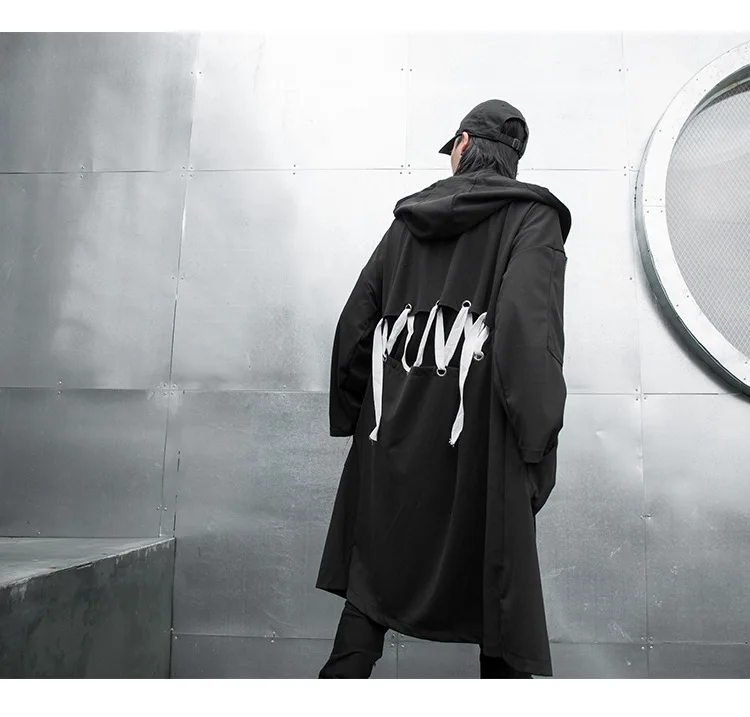 MenLong шаль с капюшоном Тренч куртка Осенняя мужская уличная хип хоп панковский кардиган пальто лента ветровка верхняя одежда сценическая одежда