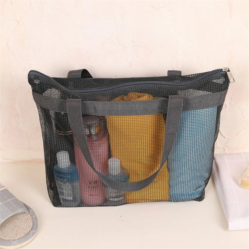 PURDORED 1 Pc Large Capacity Mesh Beach Bag Women Shoulder Bag Clear Cosmetic Tote Bags Travel Organizer Bag Trousse De Toilette