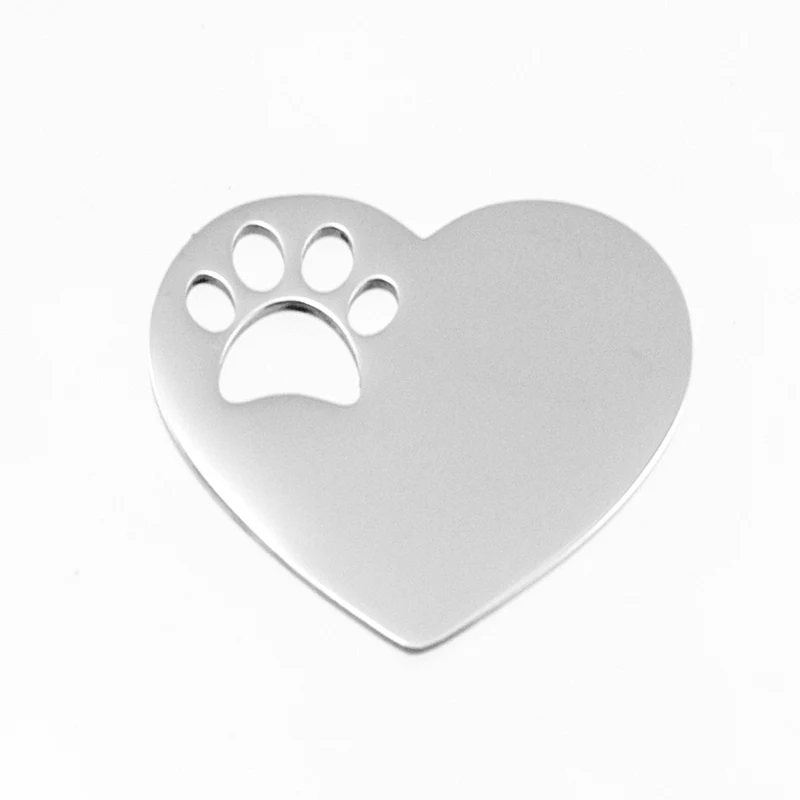 

Stainless Steel Dog/cat paw in heart charm pet cat dog name tags mirror polished pendant 50pcs