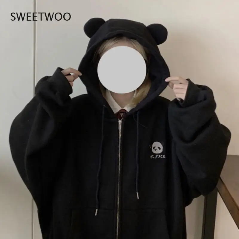 

Hoodies Women Cute Panda Ear Casual Sweatshirts Zip Up Long Sleeve Lady Clothes New Chic Bf Cartoon Hooded Black