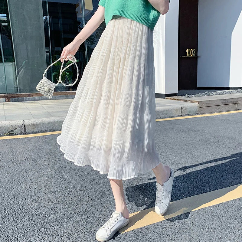 and the vertical chiffon skirts female xia long covered in cross of tall waist a word show thin pleated skirt | Женская одежда