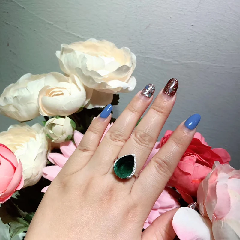 Top Quality 925 Sterling Silver Wedding Green Natural Stone Party Fashion Wild Noble Ring Jewelry Female Big Green Silver Ring