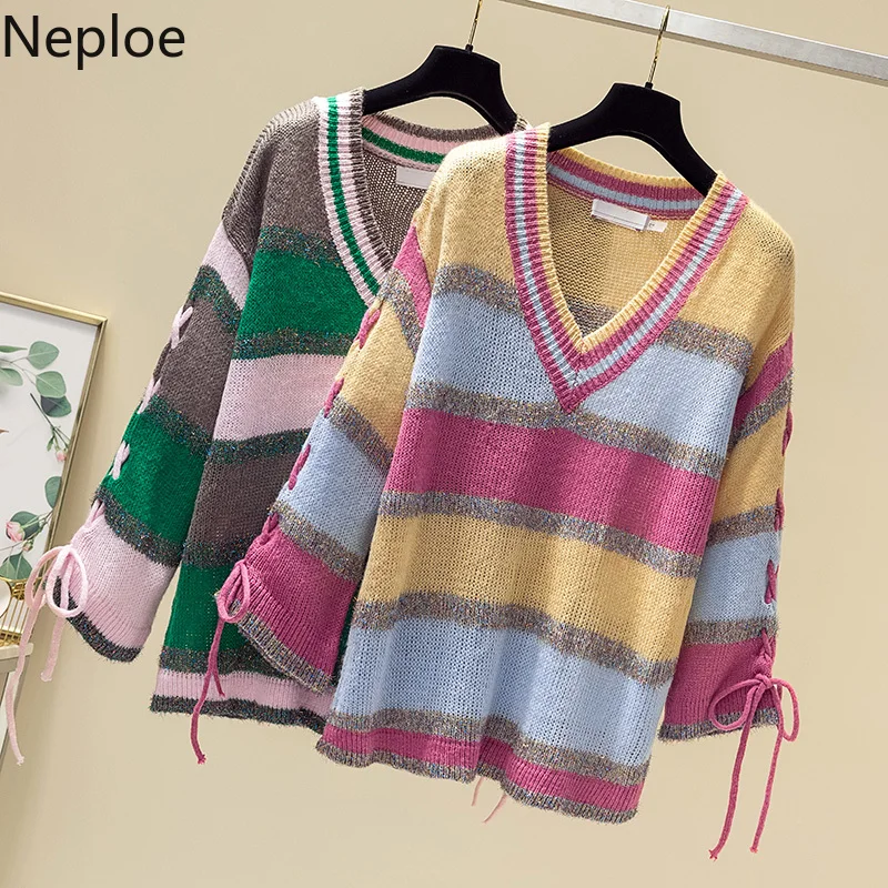 

Neploe Korean Plus Size Loose Pullover Knit V Neck Color Striped Bottom Sweater Slim Lace Up Fashion Wild Autumn Women Top 45723
