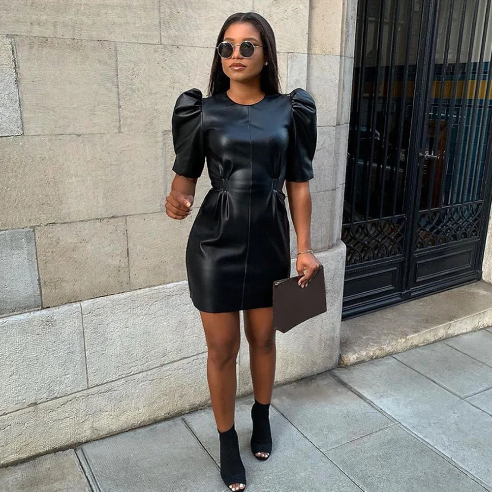 Faux Leather Dress Women Sexy Club Puff Sleeve Dresses Vintage Pleated  Tunic Mini Dress Bodycon Ladies Black Dress PU vestidos - AliExpress