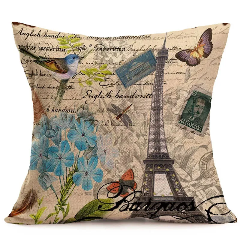 cheap 45x45cm Vintage Franch Paris Eiffel Tower Pillow Cover Cotton Linen Cushion Cover Retro Car Sofa Throw Pillowcase Home Decor