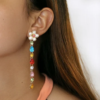 

2020 Za Colorful Crystal Rhinestone Long Tassel Boho Dangle Drop Earrings for Woman Geometric Water Drop Bridal Wedding Earrings