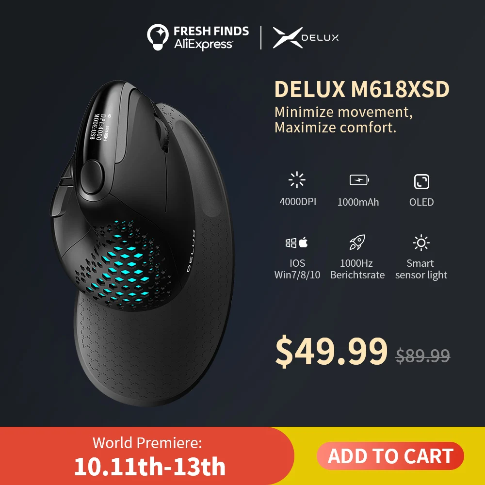 Delux M618XSD Seeker эргономичная Вертикальная мышь с oled-экраном 4000DPI перезаряжаемая 1000mA