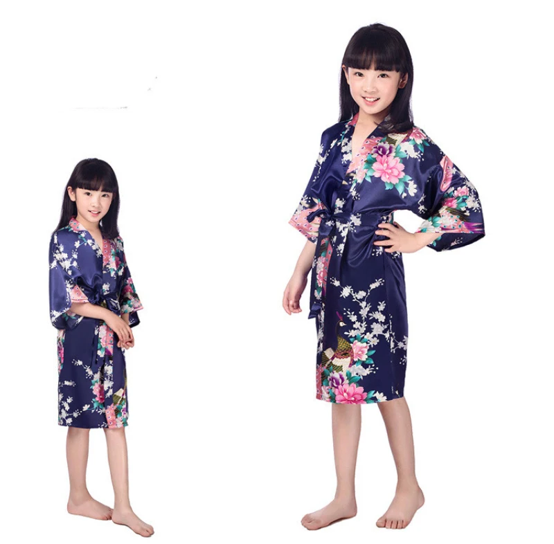 Wholesale Flower girl gold letter Children Robes Peacock Satin Silk Girls Robes for Spa Party Girl Robes Toddler Wedding Robes children's nightgown