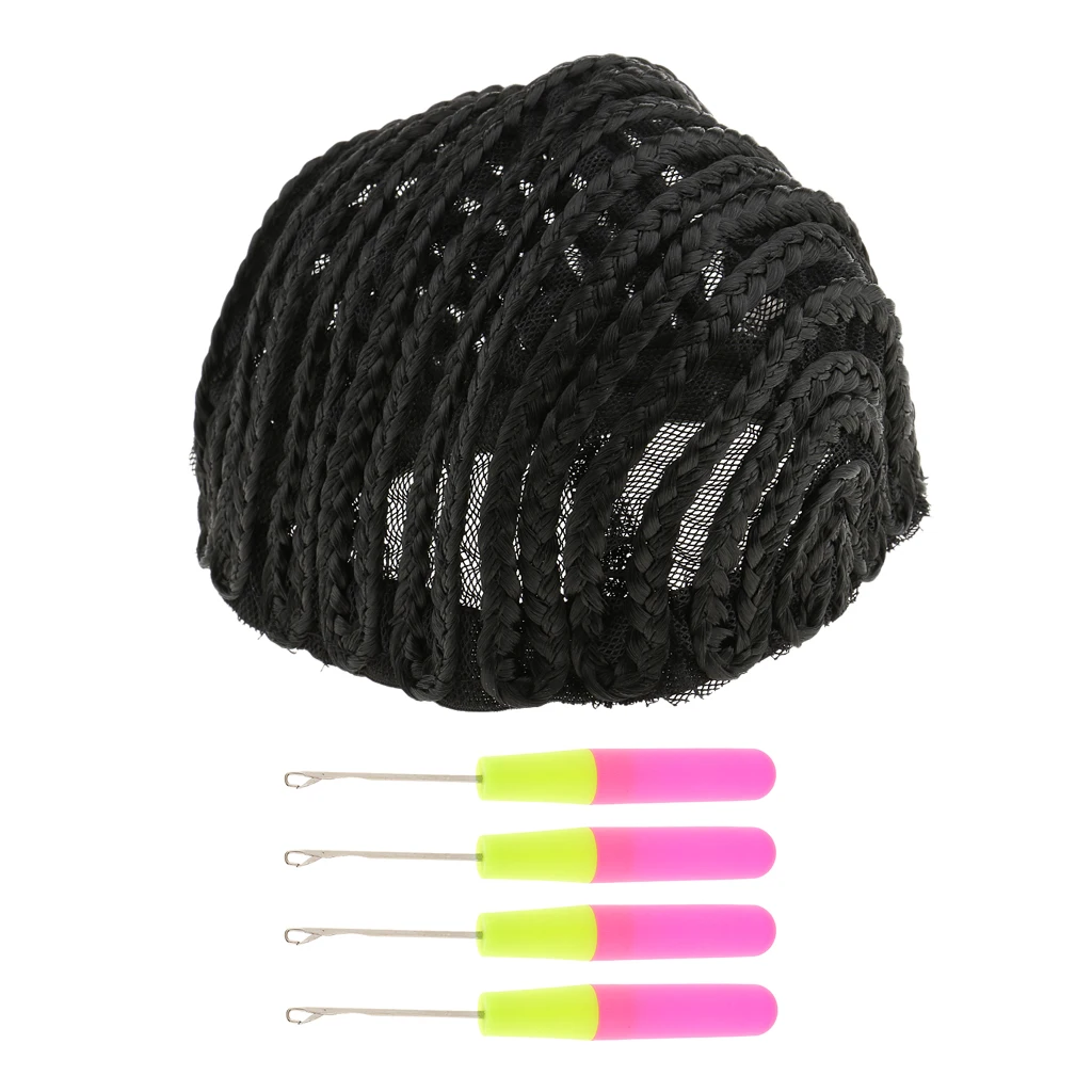 4pcs Crochet Hook Dreadlocks Lock Hair Braid Needles + Cornrow Wig Base Cap Lace Cap Hairnet for Wig Display
