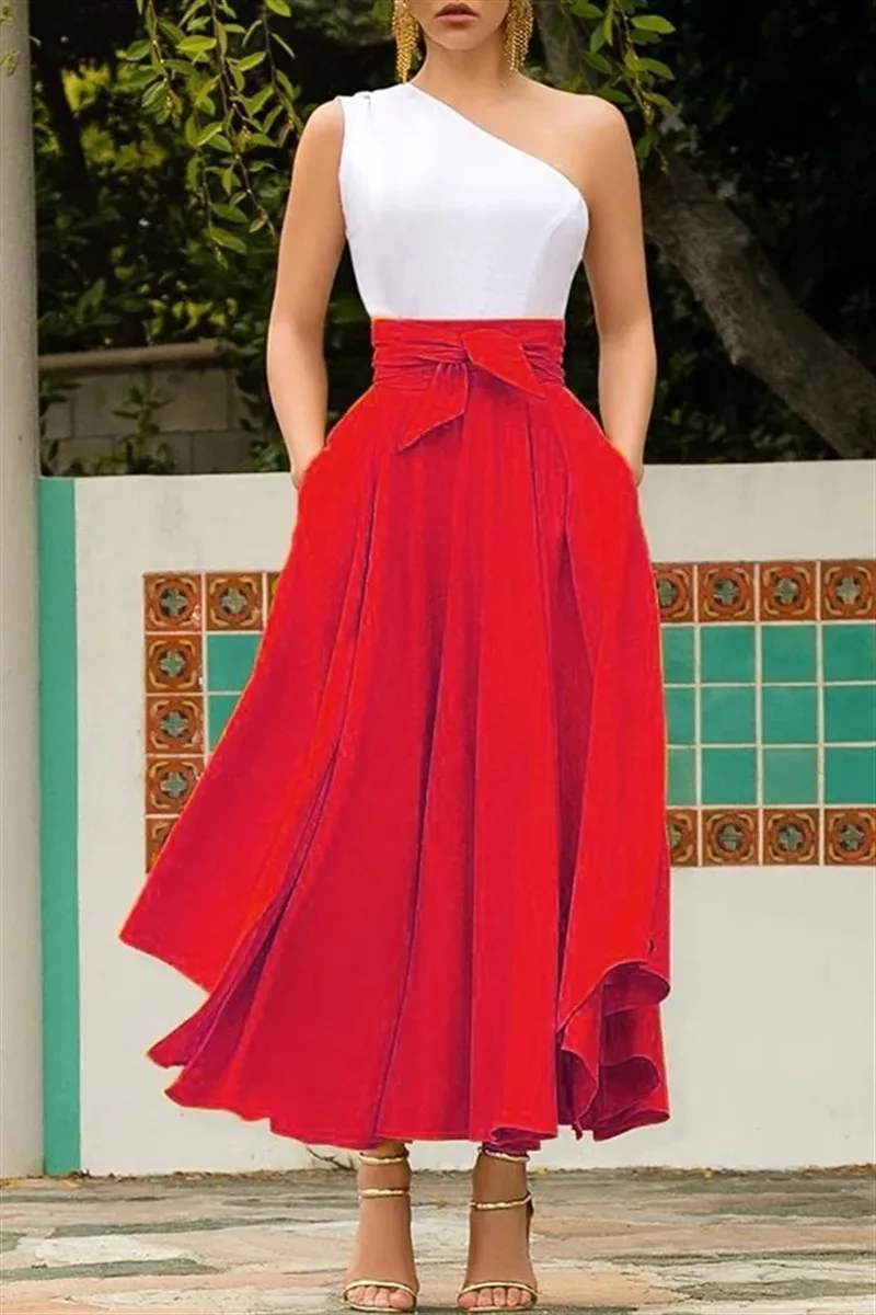 Женская длинная трапециевидная юбка с бантиком и карманами, красная юбка, новинка, летняя шифоновая Милая Однотонная юбка с поясом, эластичная талия, юбки в стиле ампир