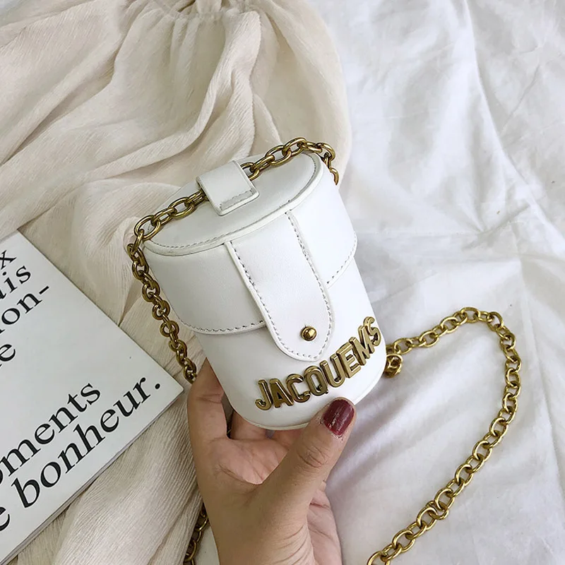White Crossbody Bag Женская дизайнерская мини сумка через плечо цилиндр металлический письмо сумка на плечо девушка изысканный сплошной цвет ведро Сумочка цепи кошелек - Цвет: White Crossbody Bag