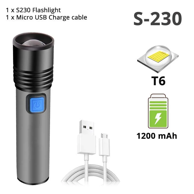 S-230 Flashlight USB Перезаряжаемый T6 светодиодный светильник-вспышка мини портативный фонарь со встроенной литиевой батареей 1200 мАч водонепроницаемый масштабируемый походный светильник - Испускаемый цвет: S-230 Flashlight