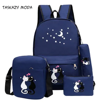 

4pcs/set Women Backpack Cat Printing Canvas School Bags For Teenager Girls Preppy Style Rucksack Cute Book Bag Mochila Feminina