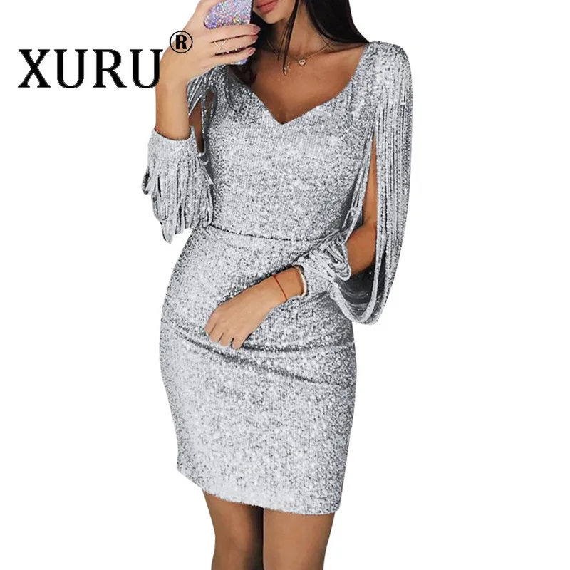 

XURU Europe and America Sexy Fringed Lantern Sleeve Dress 2019 Autumn New Women's Nightclub Hot V-neck Shiny Dress