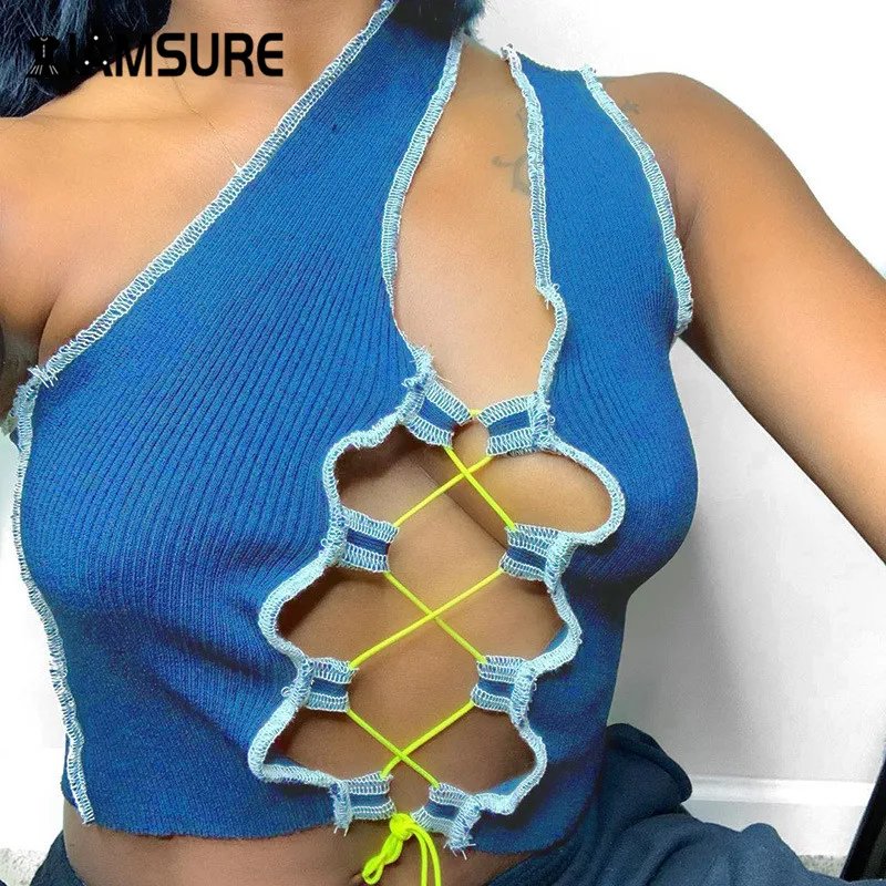 

IAMSURE Sexy Hollow Out Bandage One Shoulder Women Ribbed Crop Tops Patchwork Party Clubwear Lace Up Fashion Female Tank Tops