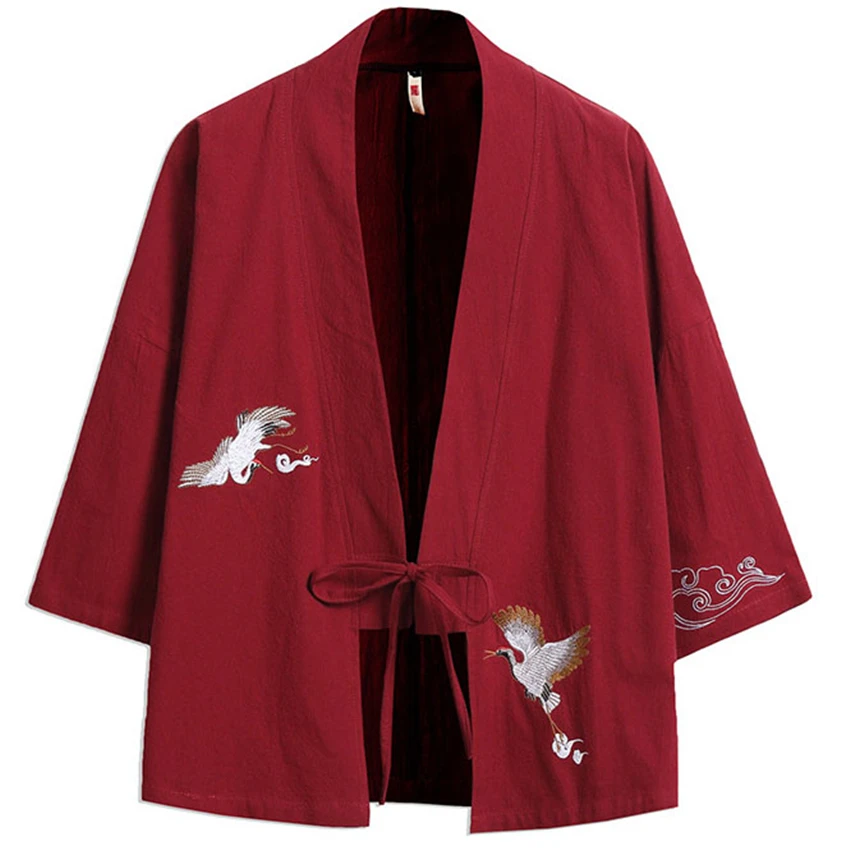Kimono Cardigan Japanese Style Men Samurai Haori Clothing Crane Embroidery Traditional Vintage Yukata Asian Clothes Women