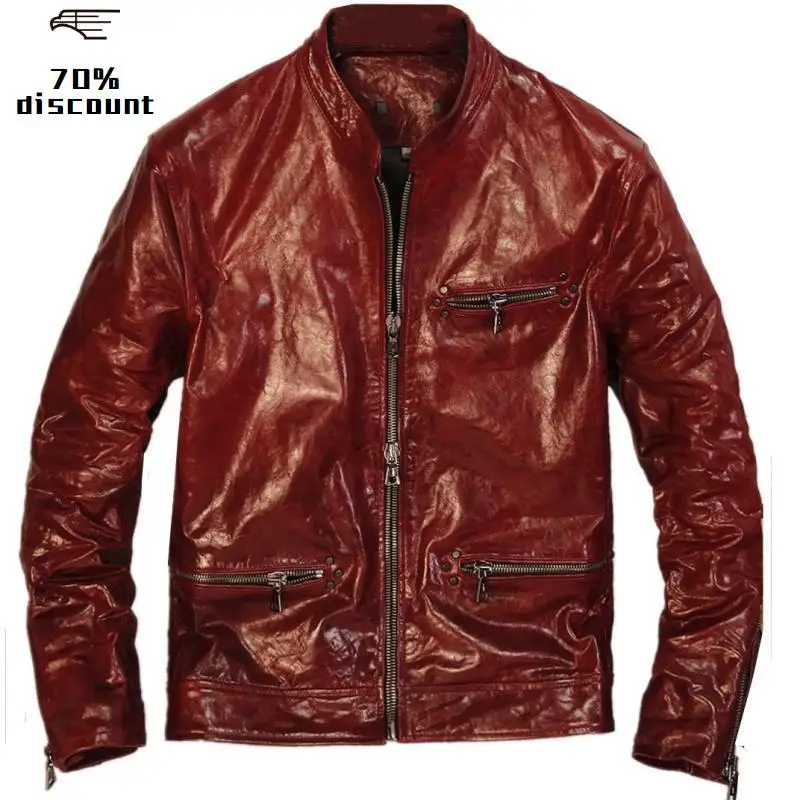 

2020 Wine Red Men Retro Casual Leather Jacket Plus Size XXXL Genuine Sheepskin Autumn Slim Fit Short Leather Coat FREE SHIPPING