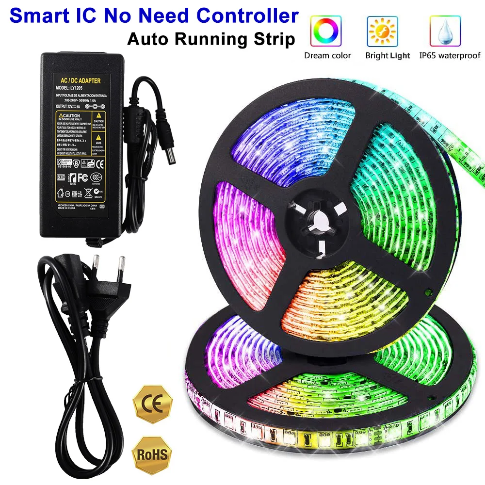 

12V 5M 150LEDs WS1903 Smart IC SMD5050 Waterproof RGB Strip Auto Running Dream Color Flexible LED Strip 15 Lighting Modes D30