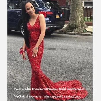 

Red Sequined Mermaid Prom Dresses Long Chapel Train Sexy Backless Spaghetti Strap Formal Evening Dress For Women