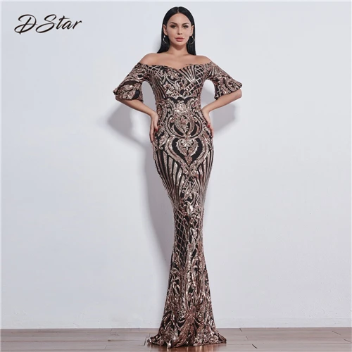 Новое платье с блестками женское длинное вечернее платье с русалочкой vestidos de festa винтажное платье с коротким рукавом femme vestido - Цвет: Color As Picture