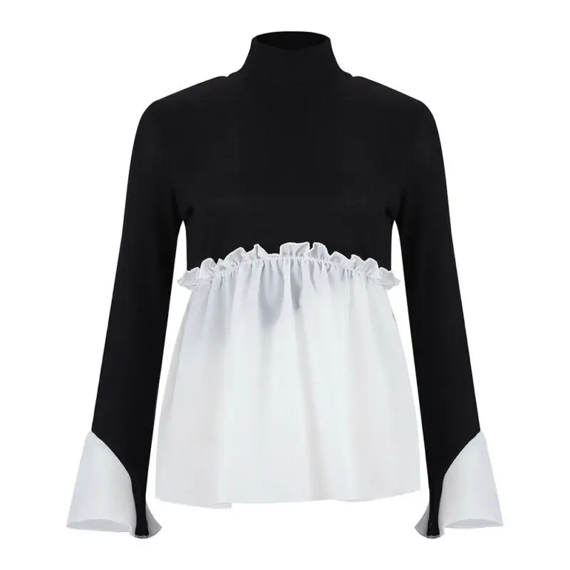 

Women Autumn Long Sleeve Frill Ruffle Tops Sweater Round Neck Knitted Pullover Ladies Loose Baggy Jumper Patchwork Sweaters