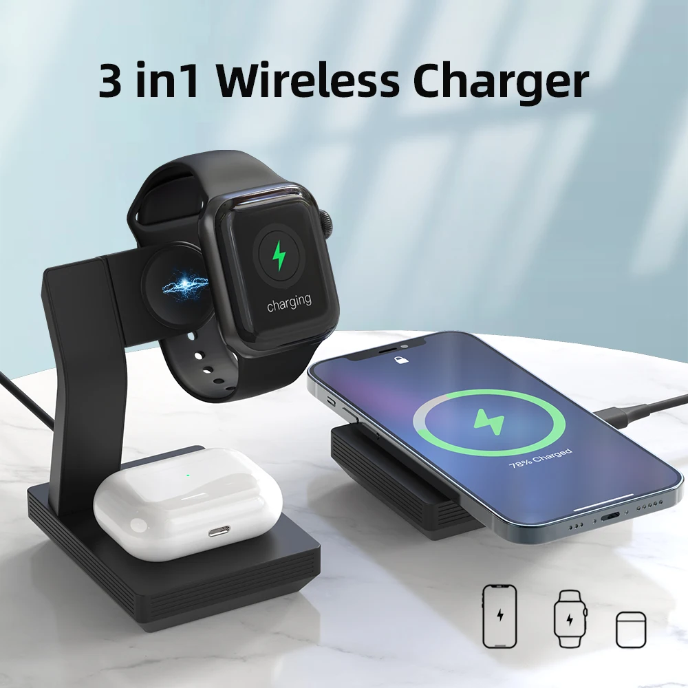 Cargador de teléfono inalámbrico 3 en 1, estación de carga rápida para iPhone, Huawei GT 2, Amazfit GTS, GTR 2, iWatch, Airpods Pro