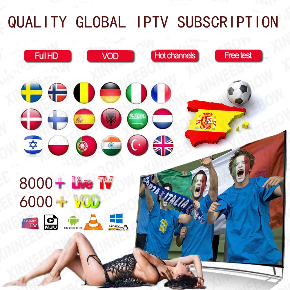 

HD Iptv server subscription 8000+ Live channels/VOD France/Spain/Portugal/German/UK/US Adult/Sport/MAG/Smart TV/m3u/VLC/Android