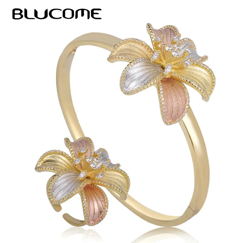 Набор Колец Blucome Flower Blossom, изысканное кольцо, 3 тонов, AAA кубический циркон, медное регулируемое кольцо, свадебный ювелирный набор