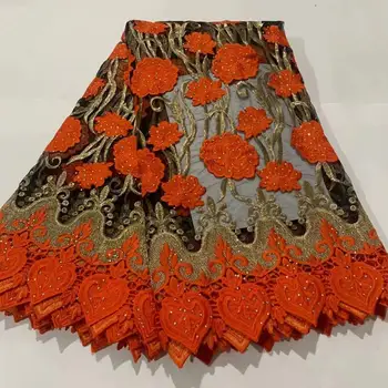 

2019 New Style orange African Cord Lace Fabric With Stones Wholesale Price France Net Lace Fabric For Wedding Dress FT621