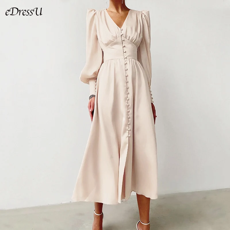 

eDressU Silk Satin Evening Party Dress Mid-Calf High Quality Empire Buttons Elegant Vintage Wedding Guest Maxi Dress SJY-6899