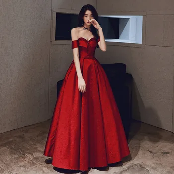 

Red Lady Evening Party Gown Retro Toast Bride Wedding Dress Qipao Elegant Pleated Cheongsam Off Shoulder Lace Up Robe De Soiree